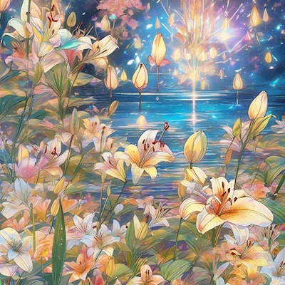 池の水面に輝くユリの花