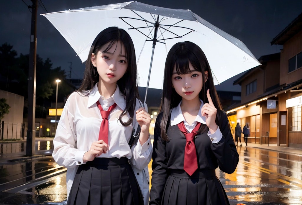 雨の中、夜歩く二人の女子高生