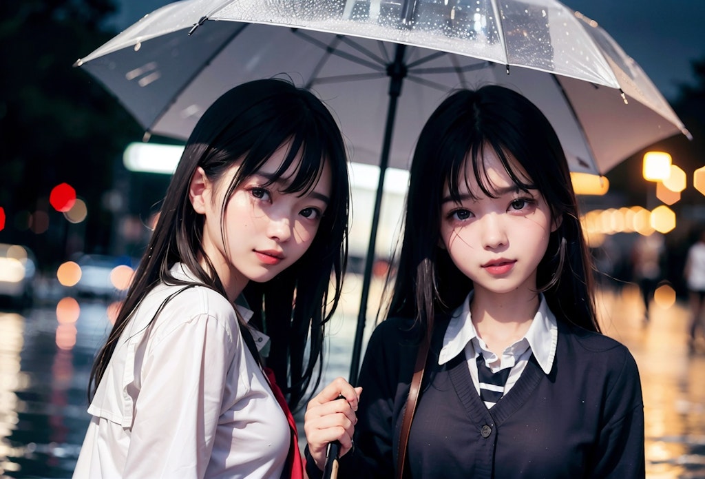 雨の中、夜歩く二人の女子高生