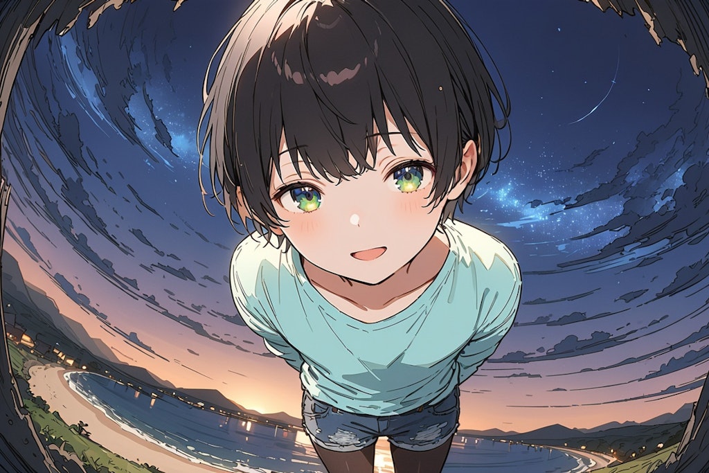 A boy on a hill with a view of the night sky and the night sea