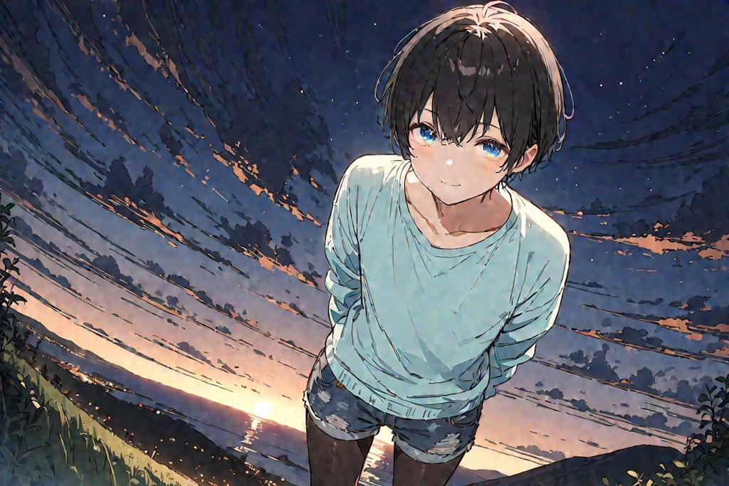 A boy on a hill with a view of the night sky and the night sea