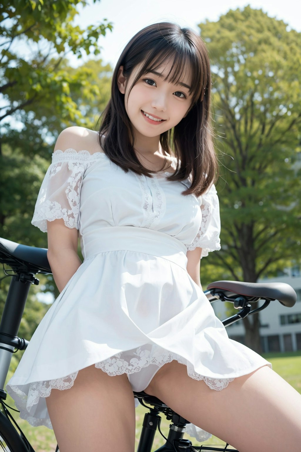 自転車に跨るドレスの女の子