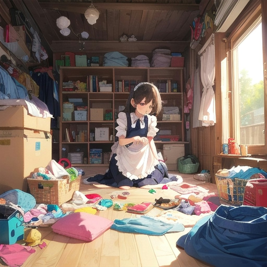 ごちゃごちゃの部屋で慌てながら片づけをするメイドさん（キーワードプロンプトを２つ使用）