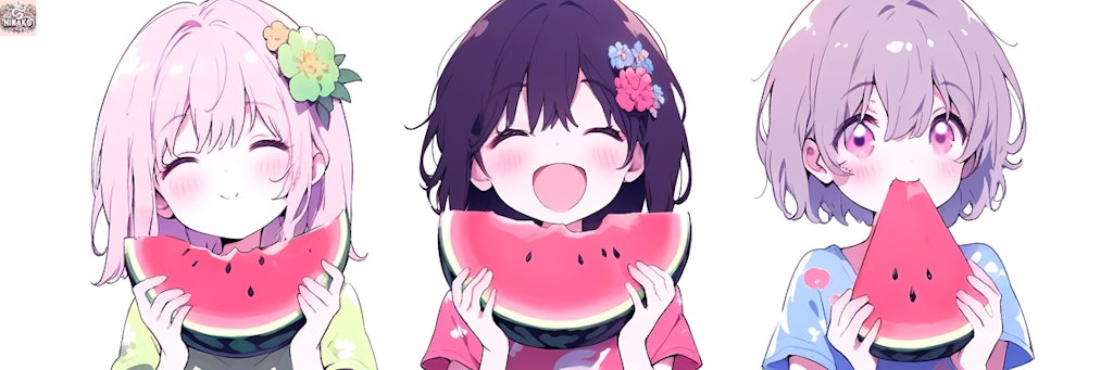 【夏休みの思ひ出💖】3姉妹でスイカ💖🍉