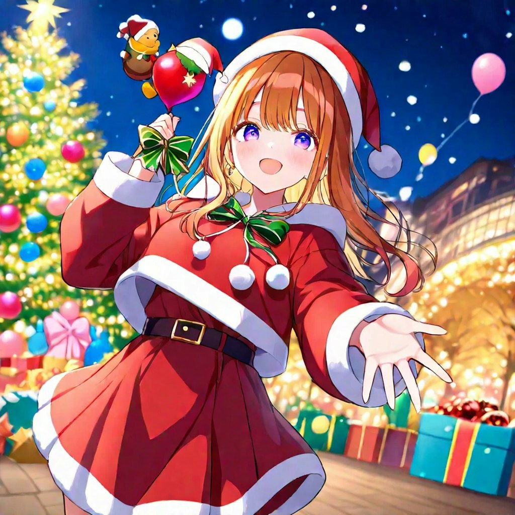 クリスマスツリーの前でサンタコスの美少女と風船遊び