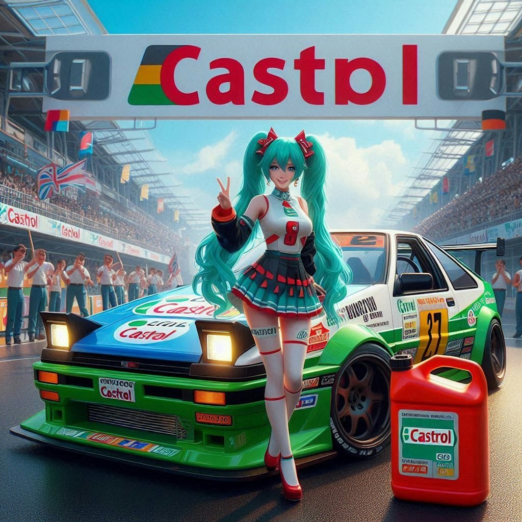 カストロールカラーAE86レーシングカーとチアガール初音ミク