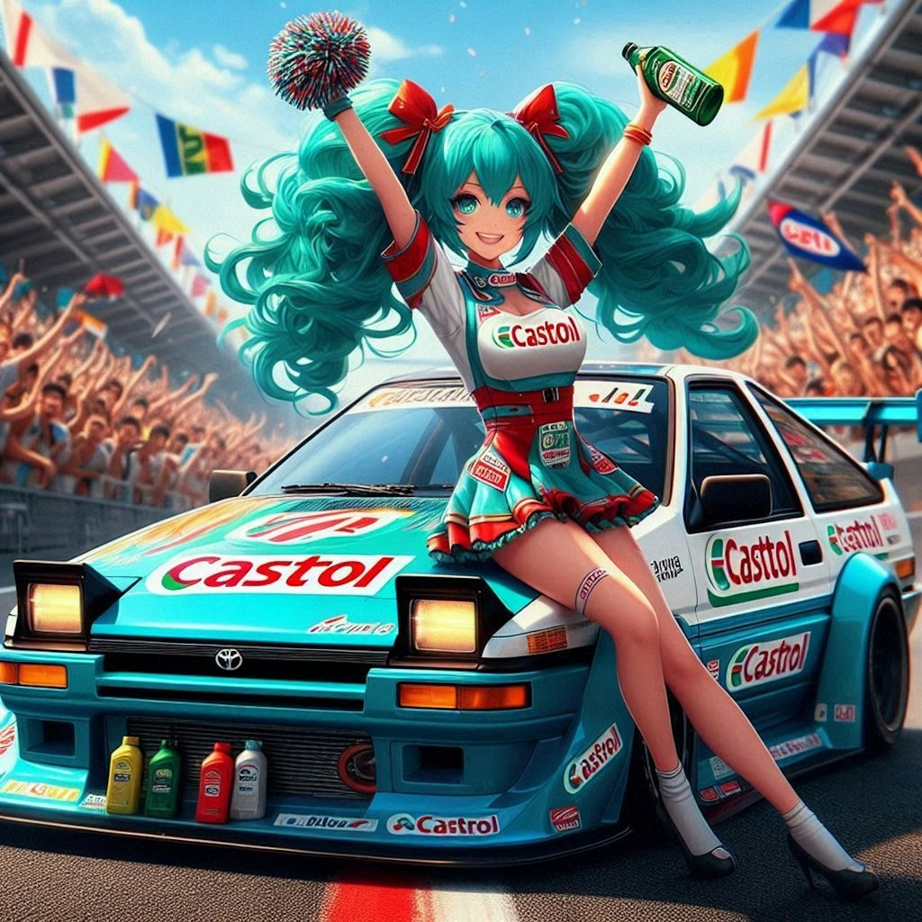 カストロールカラーAE86レーシングカーとチアガール初音ミク