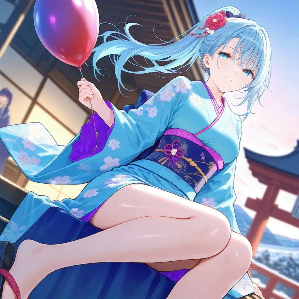 風船を持つ青い髪の和服美女