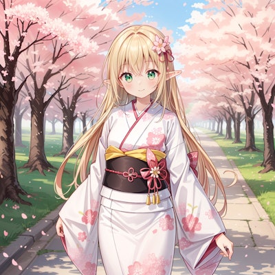 桜模様の着物姿で桜並木を歩くエルフ魔女