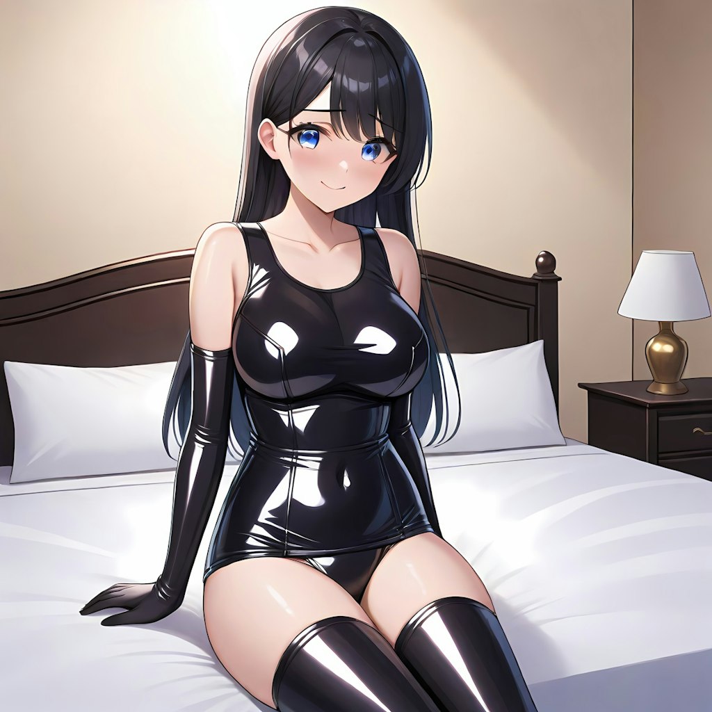 光沢黒エナメル旧型スクール水着長手袋サイハイソックス