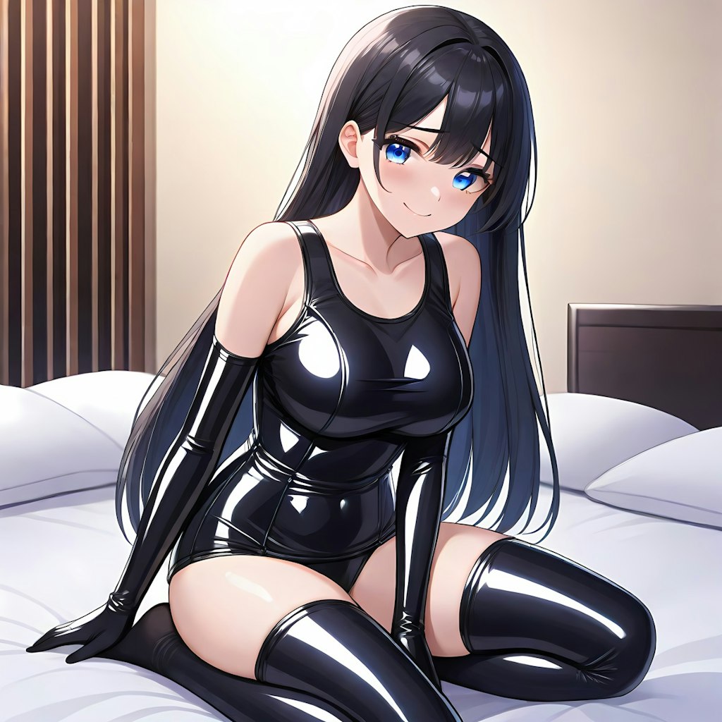 光沢黒エナメル旧型スクール水着長手袋サイハイソックス