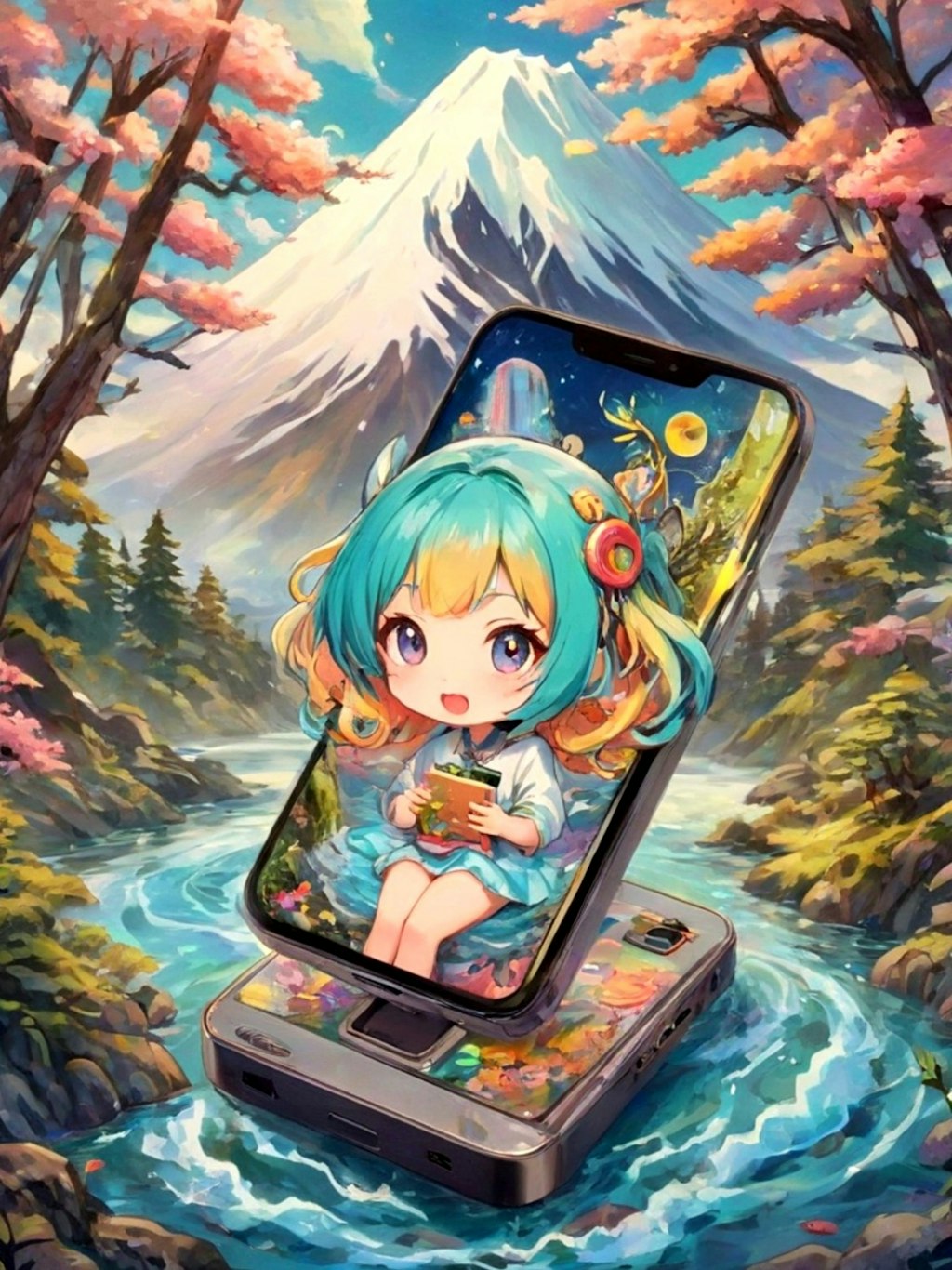 スマホと富士山と女の子