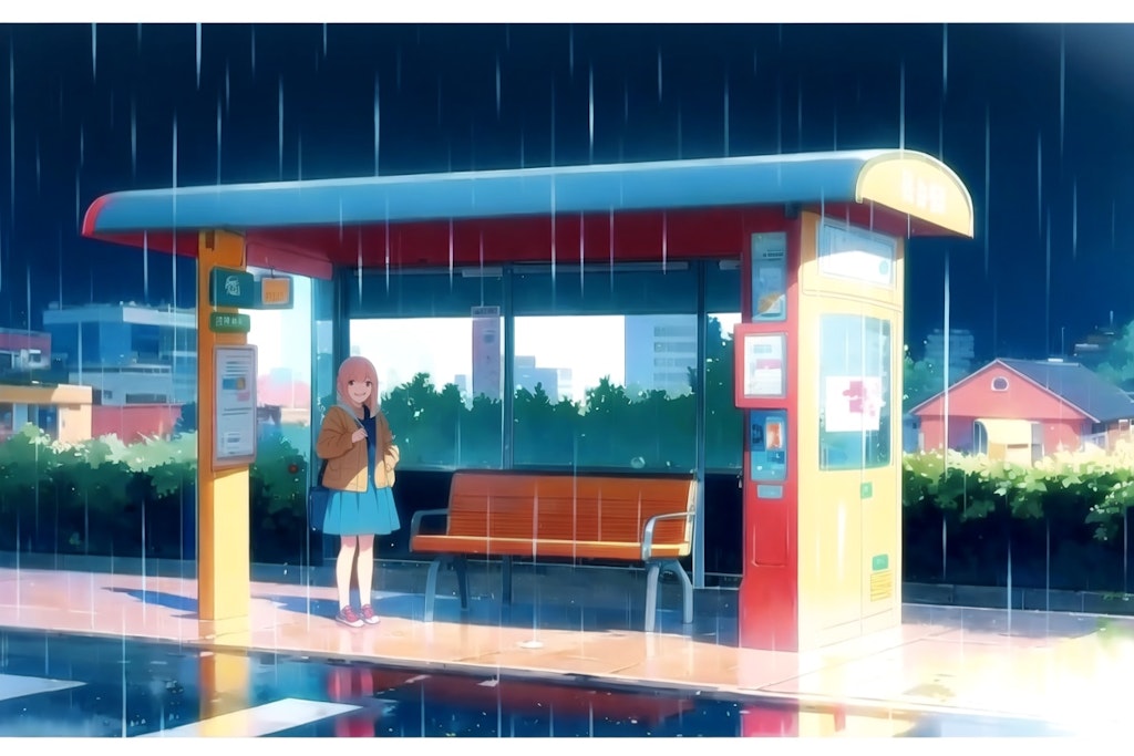 雨、バス停にて