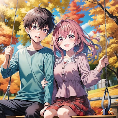 秋の公園でデートするカップル