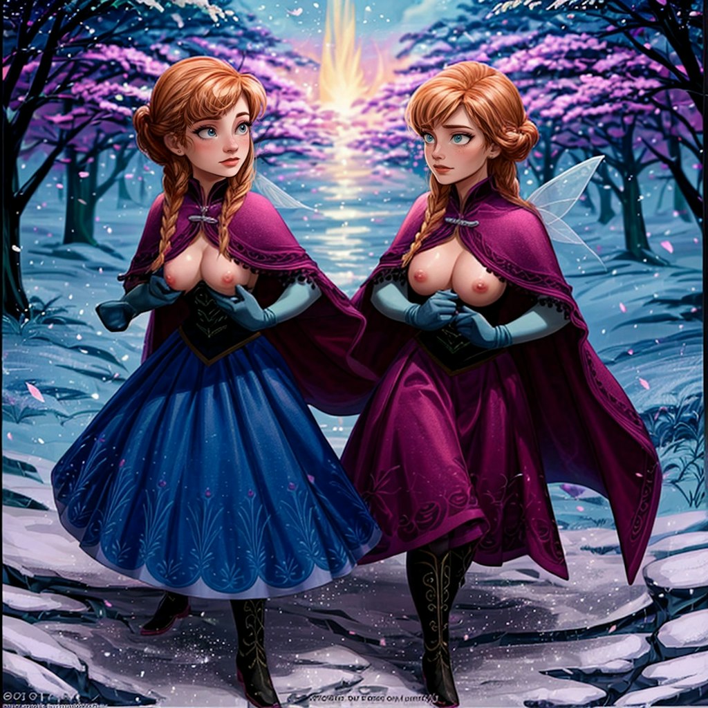 アナが雪の女王の城でセクシーなアートヌードドレス姿に！魅惑的なケープで彩る魔法の瞬間