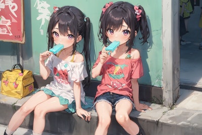 アイスを食べながら街を散策する双子ちゃん達