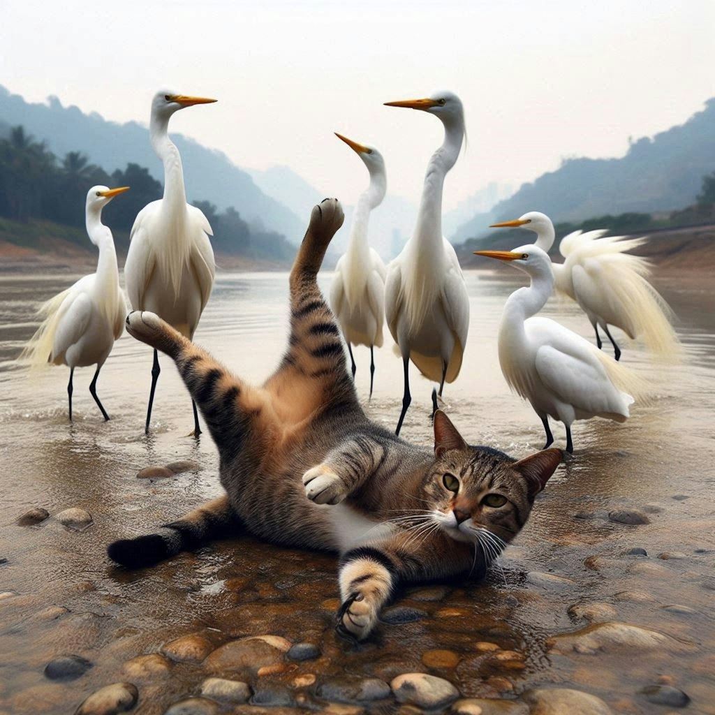 サギに囲まれる猫