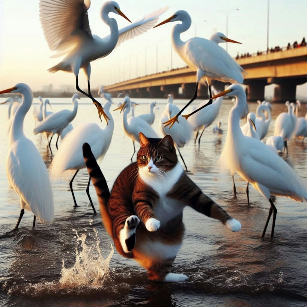 サギに囲まれる猫