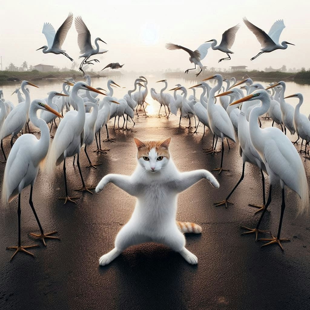 サギに囲まれる猫