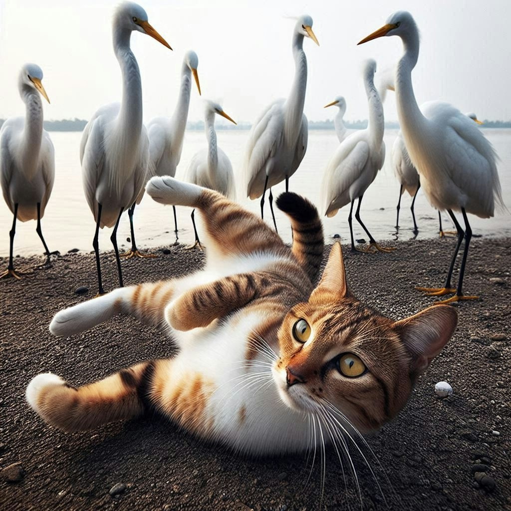 サギに囲まれる猫