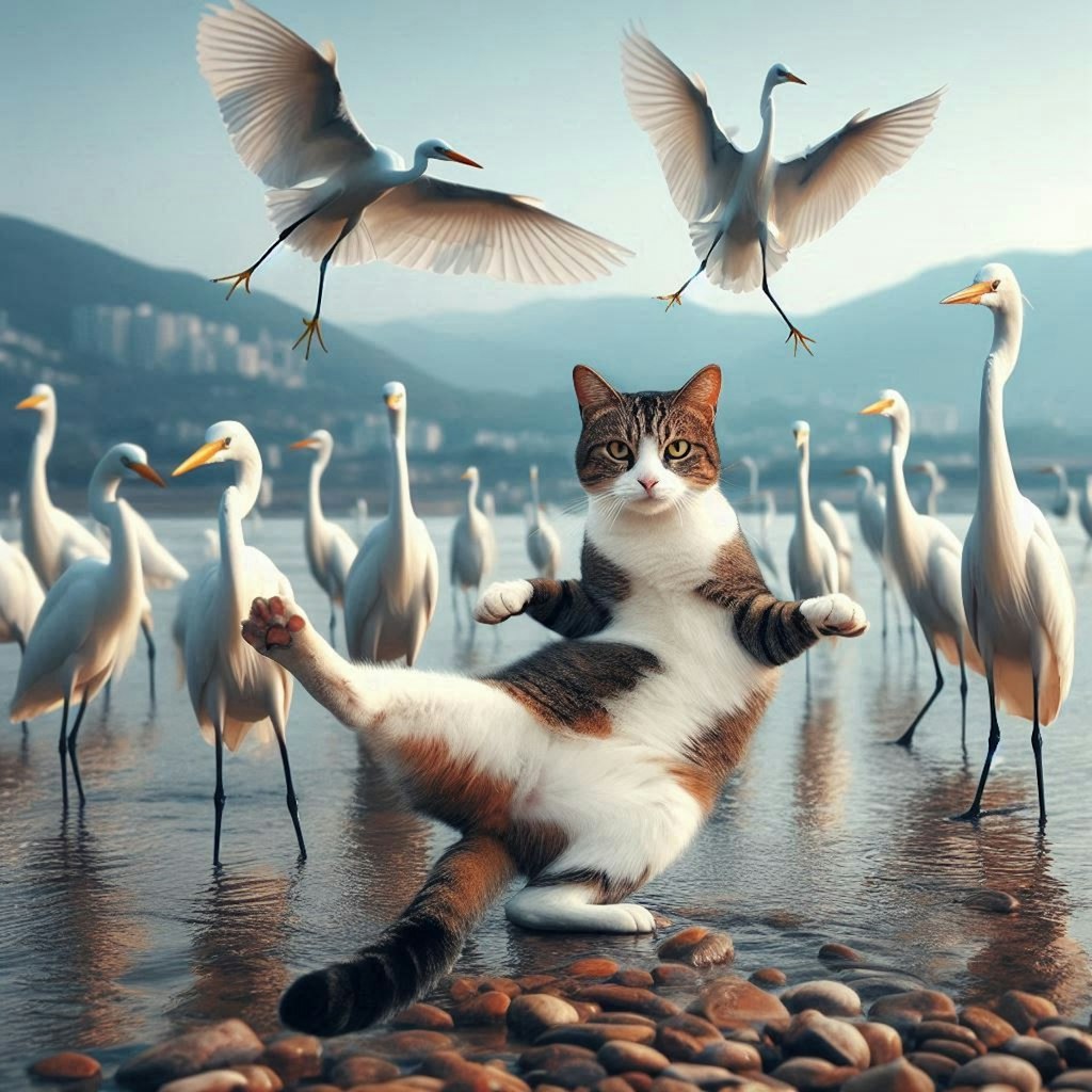 サギに囲まれる猫