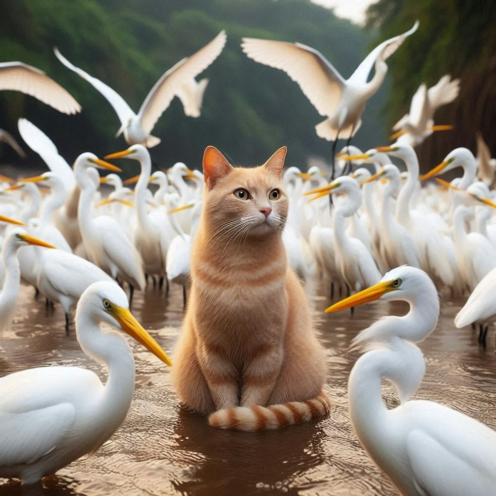 サギに囲まれる猫