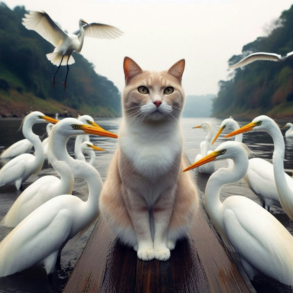 サギに囲まれる猫