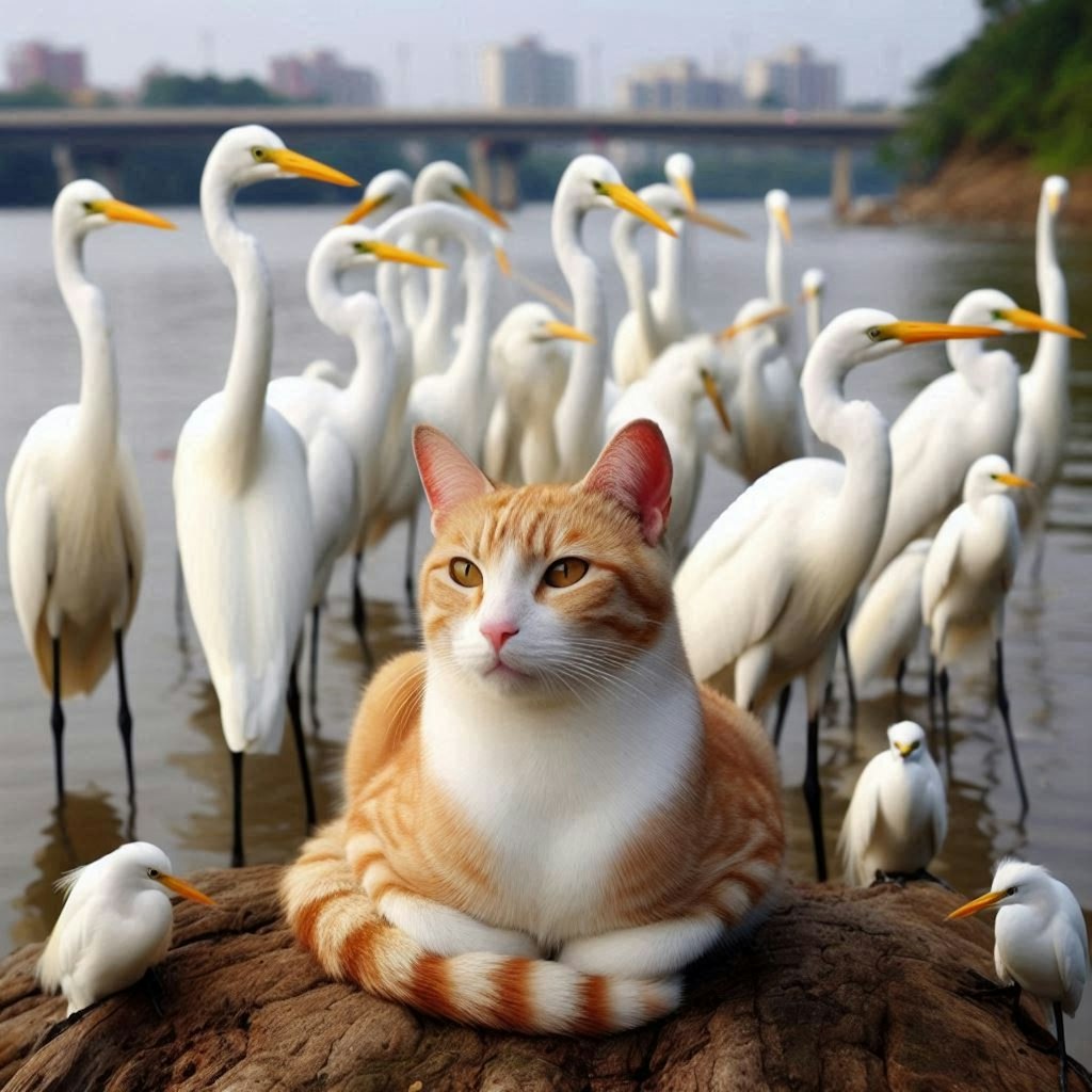 サギに囲まれる猫
