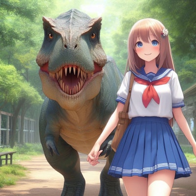 【謎画像】ティラノサウルスとデートする女子高生