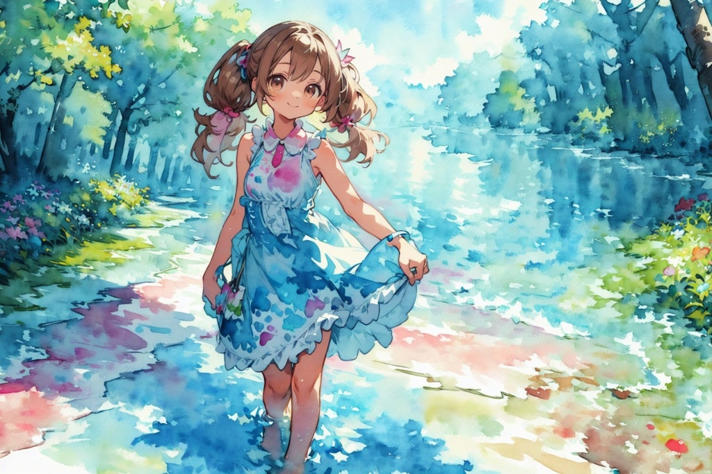 田舎の森で湖で涼む少女