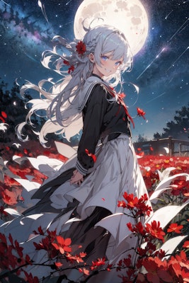星空と赤い花と銀髪の少女