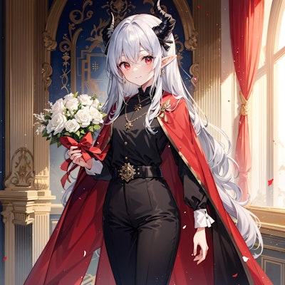花束贈呈する王子的正装の銀髪竜姫