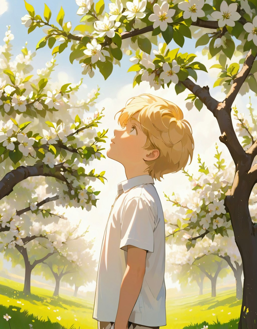 A beautiful boy under an apple tree with apple blossoms in full bloom