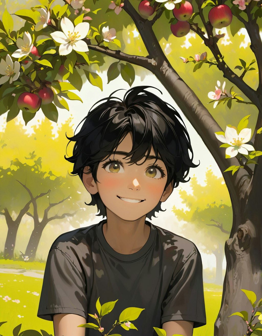 A beautiful boy under an apple tree with apple blossoms in full bloom