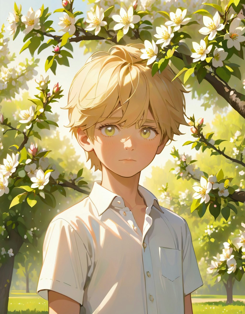 A beautiful boy under an apple tree with apple blossoms in full bloom