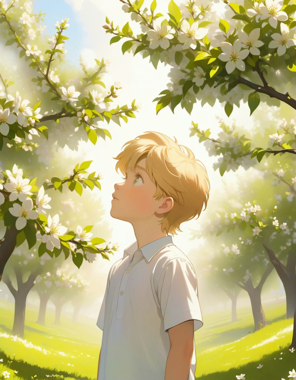 A beautiful boy under an apple tree with apple blossoms in full bloom