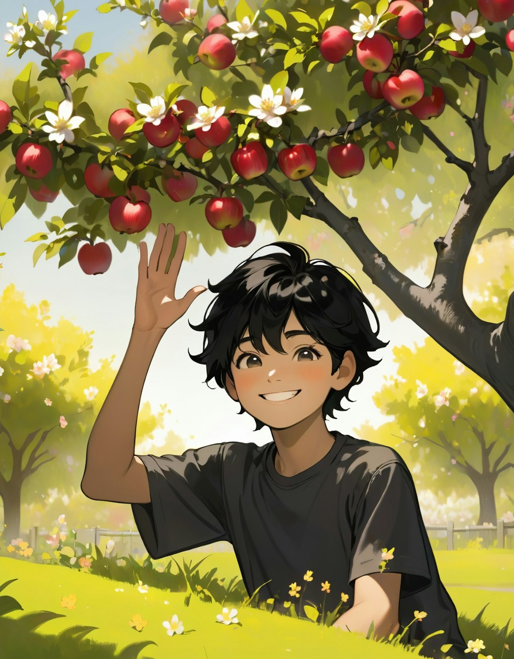 A beautiful boy under an apple tree with apple blossoms in full bloom