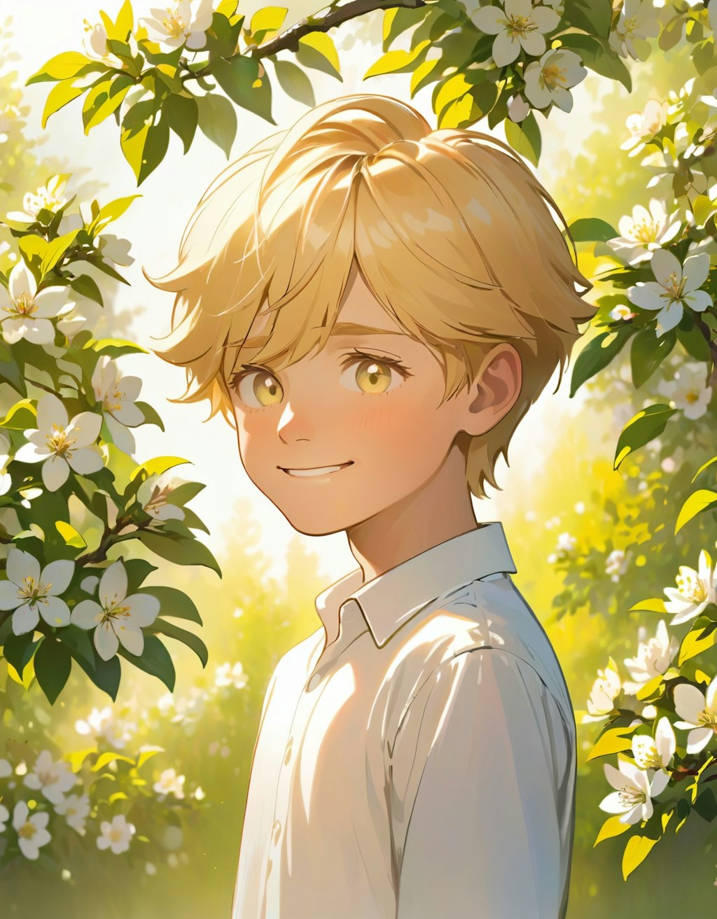 A beautiful boy under an apple tree with apple blossoms in full bloom