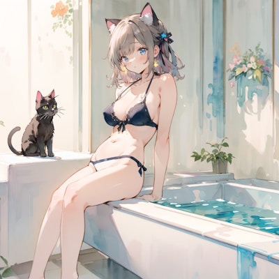 猫と猫耳お風呂水着少女 : 2023.12.19