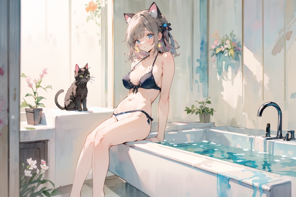 猫と猫耳お風呂水着少女 : 2023.12.19