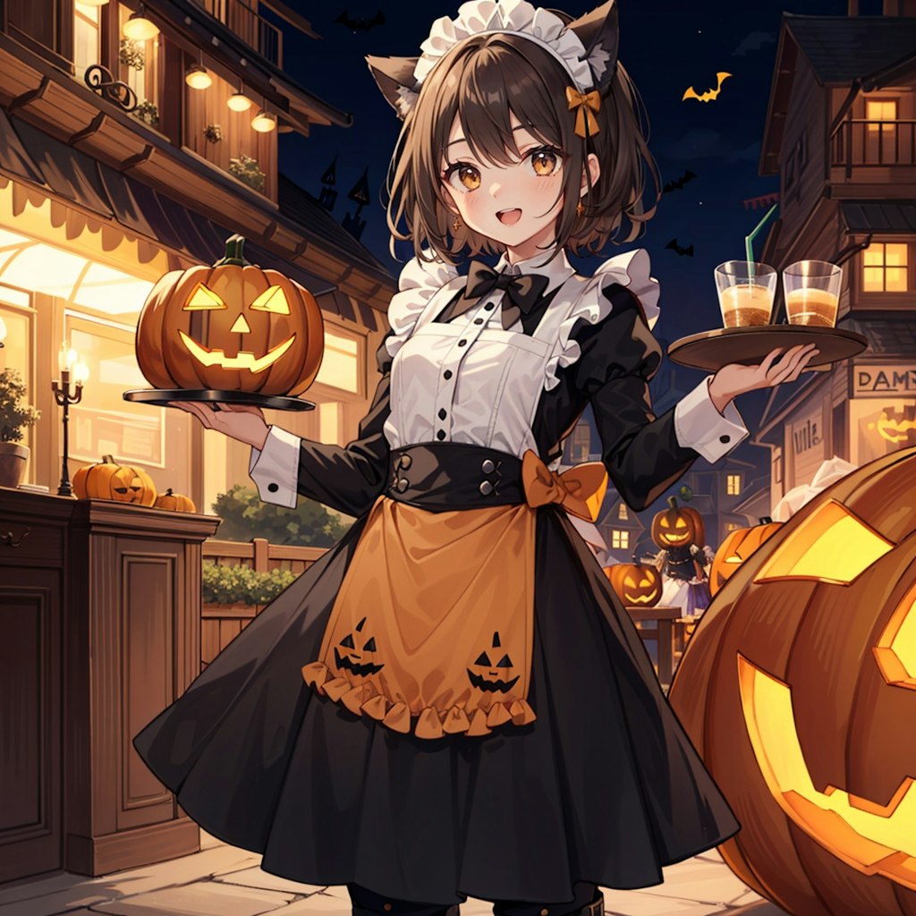 ハロウィン仕様の制服で働く猫娘