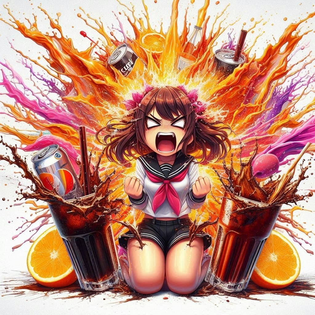 【謎画像】コーラかオレンジジュースか迷いすぎて爆発した女の子