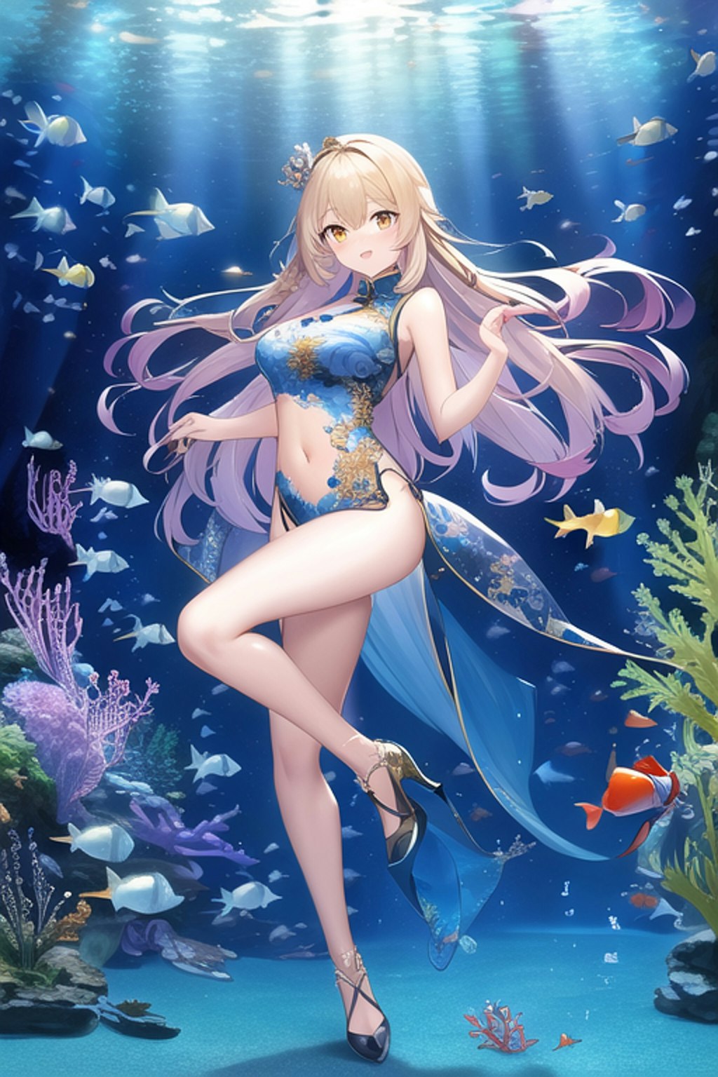 水族館とチャイナドレスの女の子です