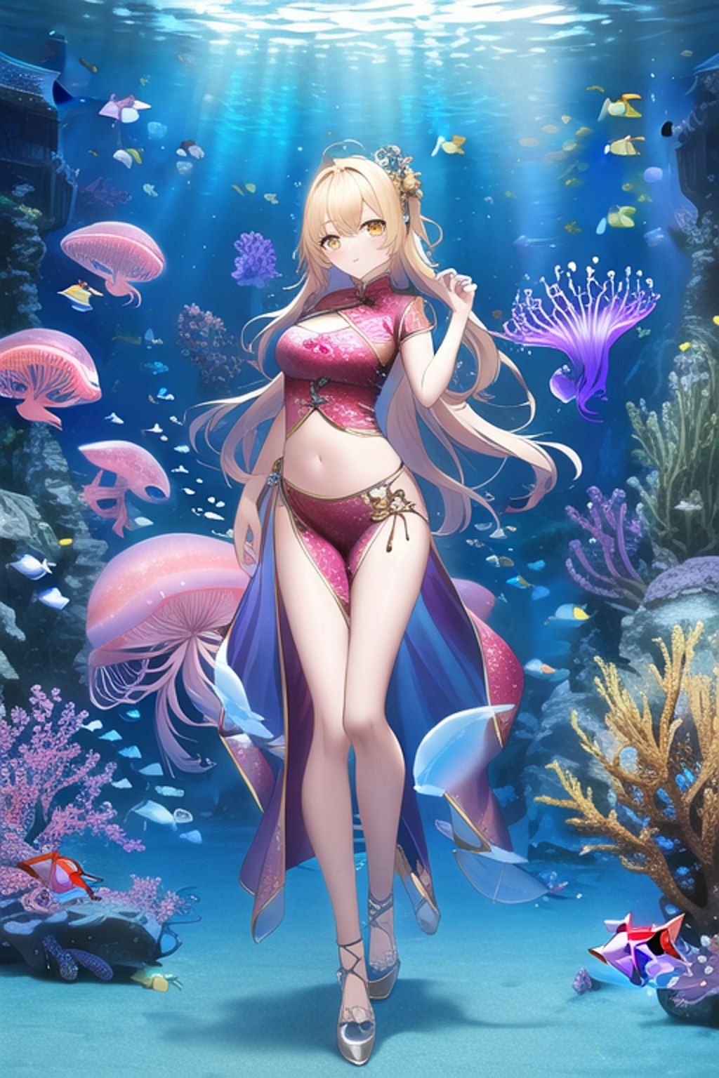 水族館とチャイナドレスの女の子です