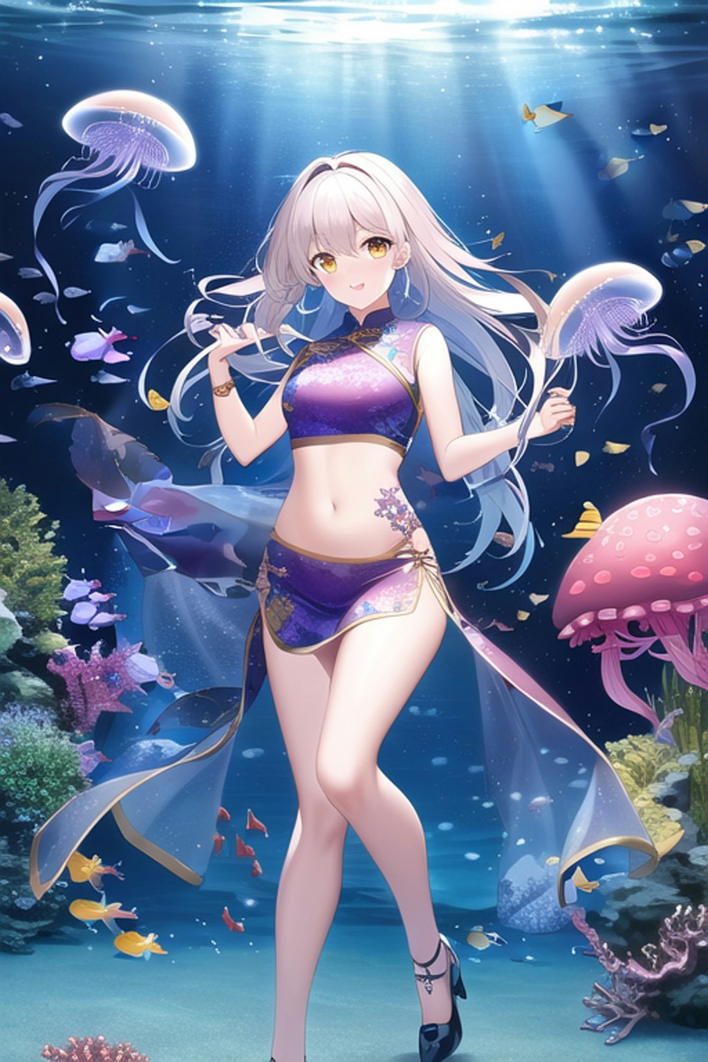 水族館とチャイナドレスの女の子です