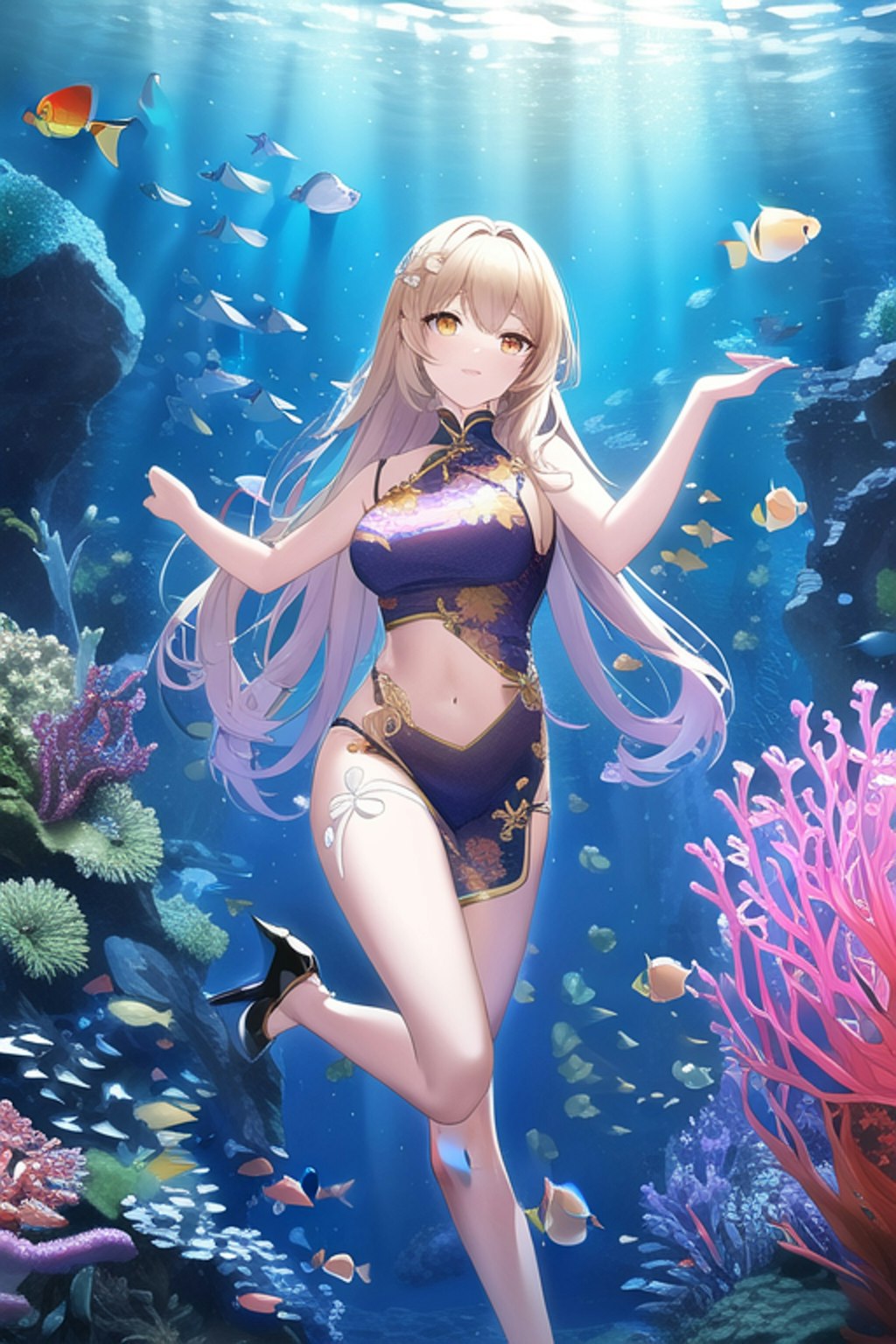 水族館とチャイナドレスの女の子です