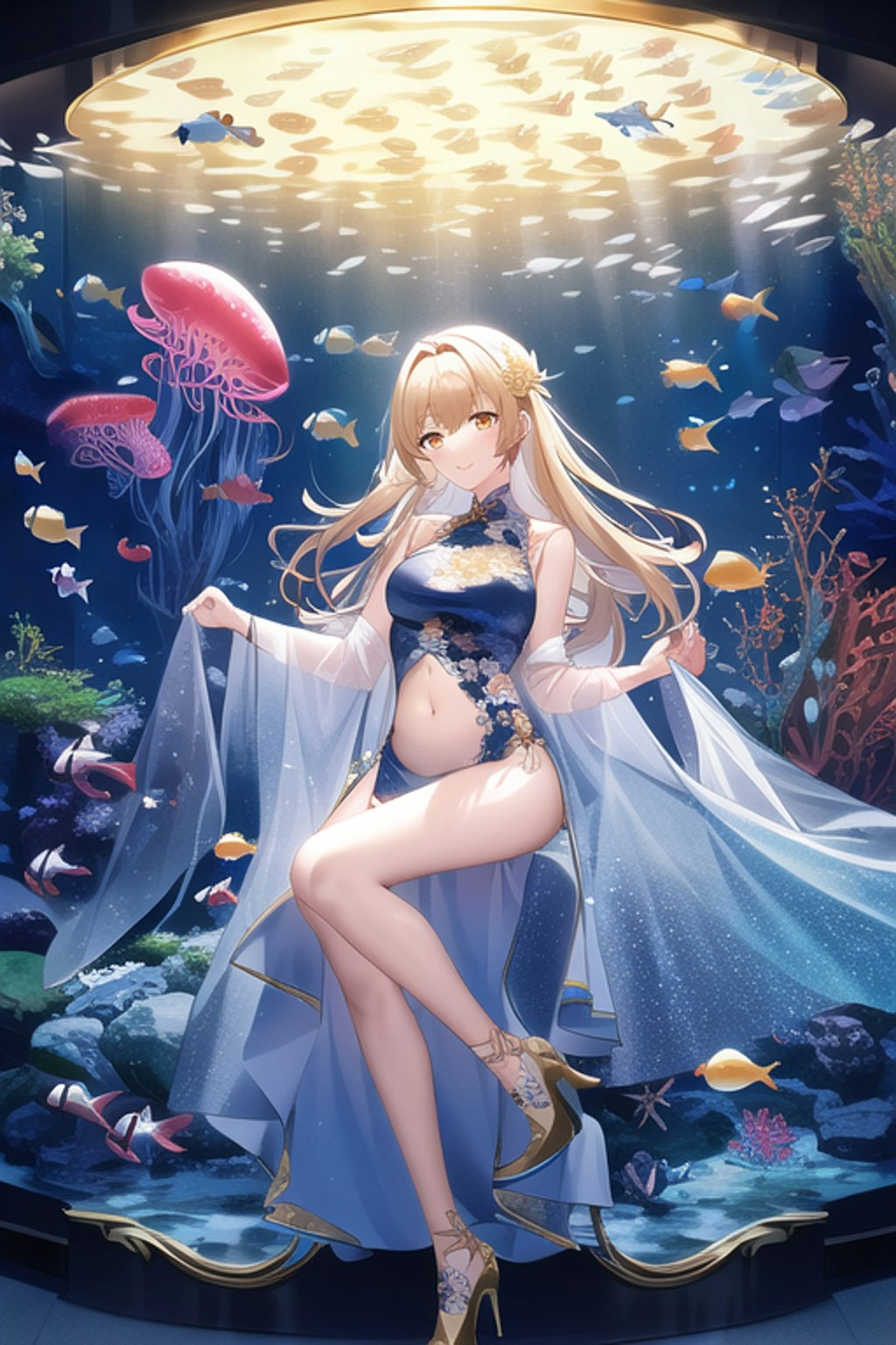 水族館とチャイナドレスの女の子です