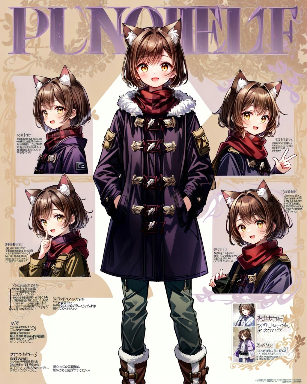 ダッフルコート姿のファッション雑誌風な猫娘