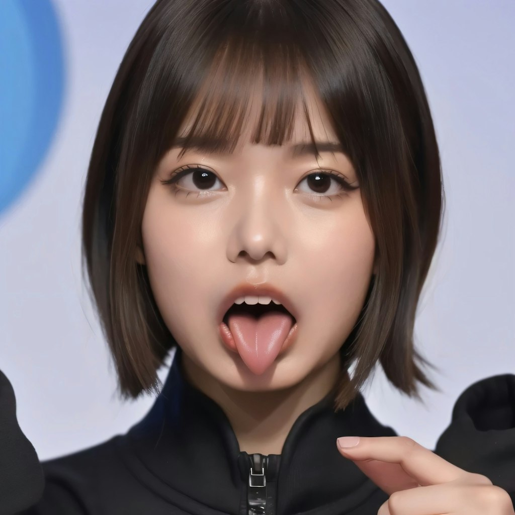 黒髪ボブの舌出し美女