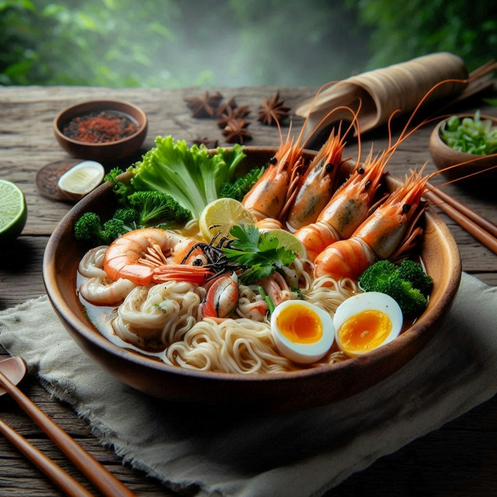 森で食べるseafood noodle